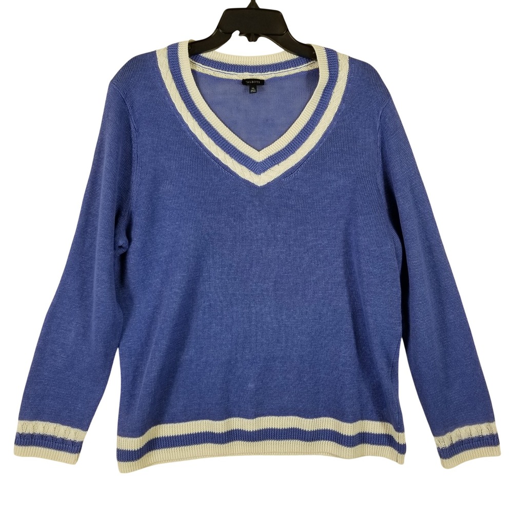 Talbots Womens Blue 100% Linen Varsity Stripe V-Neck Sweater XL VN5272‎ 10/21